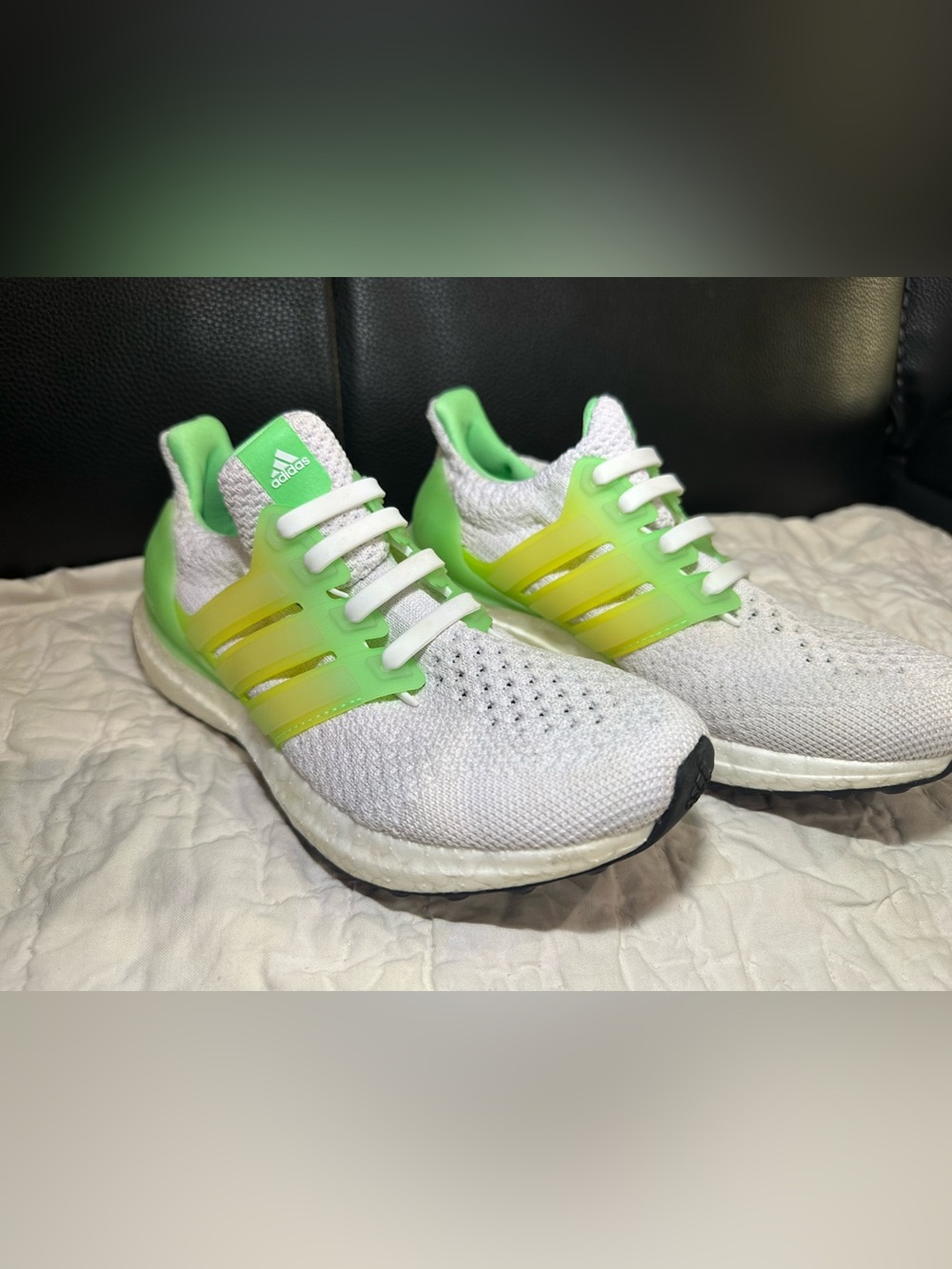 adidas Kids White Knit Sneakers with Lime Accent